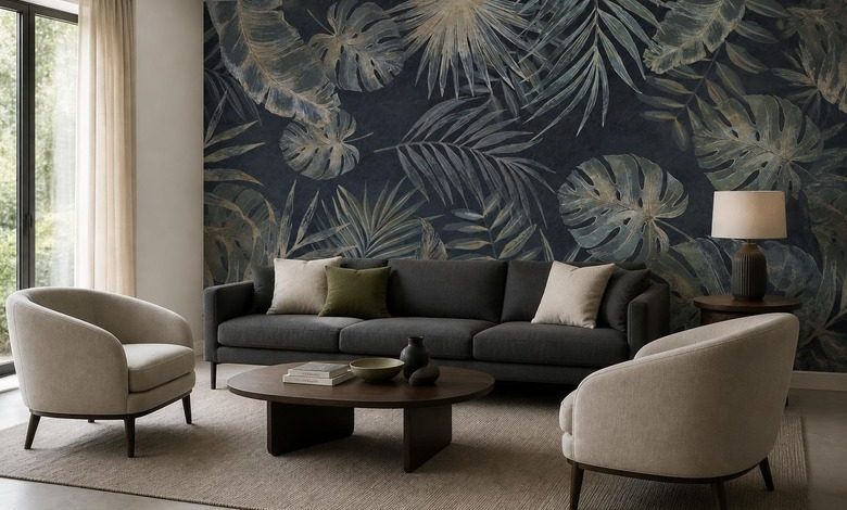 dekorative pflanzenexpression auf dunklem hintergrund fototapete furs wohnzimmer fototapeten demural