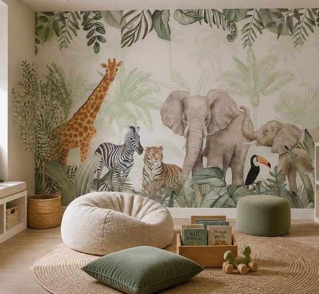 dekorativer dschungel motiv mit wilden tieren fototapete fur kinderzimmer fototapeten demural