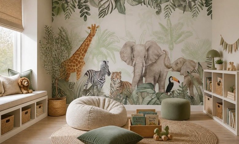 dekorativer dschungel motiv mit wilden tieren fototapete fur kinderzimmer fototapeten demural