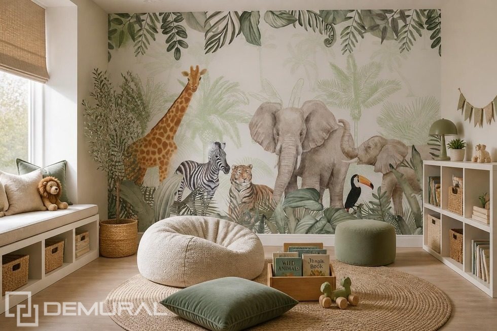 Dekorativer Dschungel-Motiv mit wilden Tieren Fototapete für Kinderzimmer Fototapeten Demural