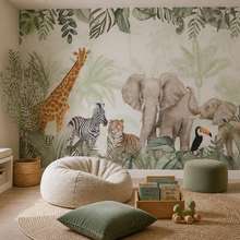 Dekorativer-dschungel-motiv-mit-wilden-tieren-fototapete-fur-kinderzimmer-fototapeten-demural