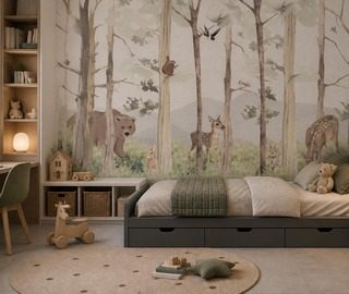 grun und beige in einer waldlandschaft fototapete fur kinderzimmer fototapeten demural