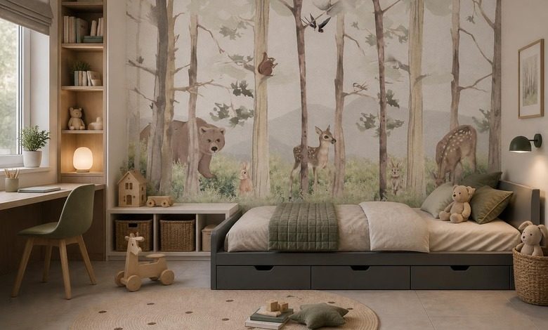 grun und beige in einer waldlandschaft fototapete fur kinderzimmer fototapeten demural
