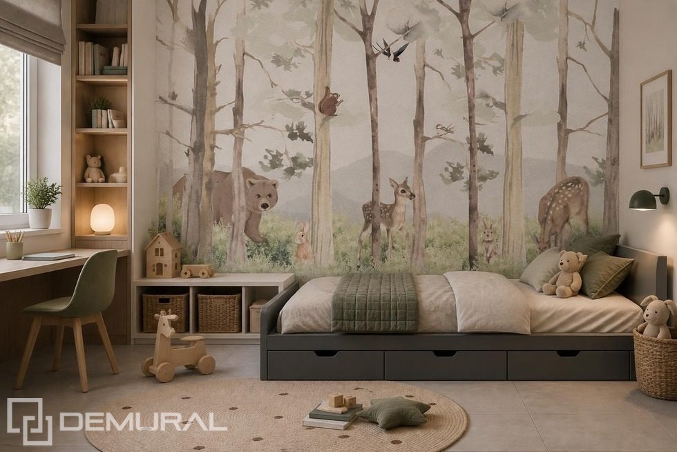 Grün und Beige in einer Waldlandschaft Fototapete für Kinderzimmer Fototapeten Demural